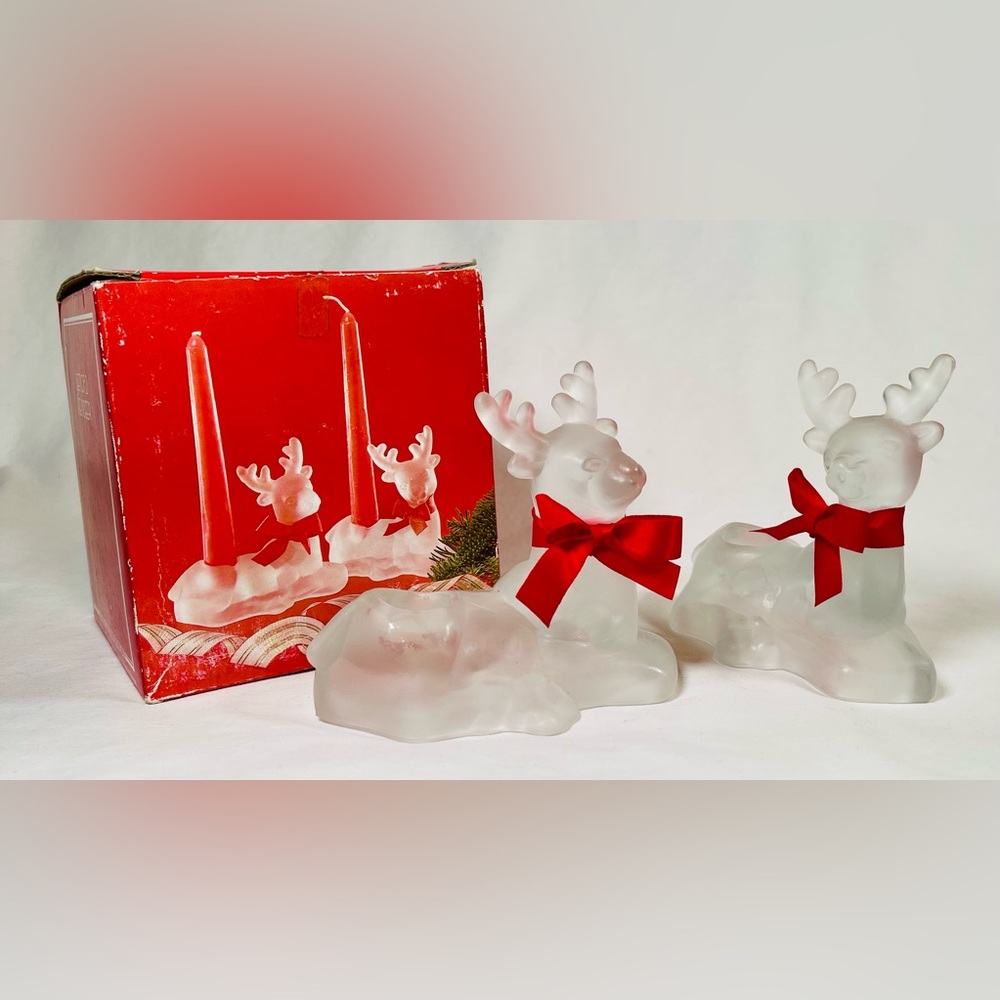 Set of 2 Reindeer Frosted Glass candleholders Christmas Holiday